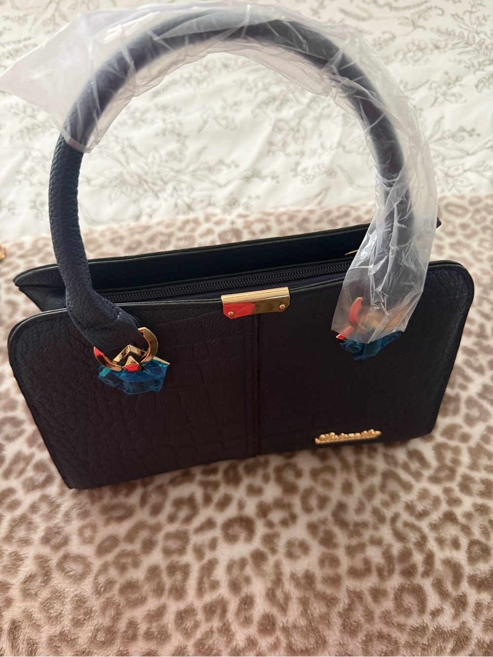 Classic Black Structured Tote Handbag with Gold Accents